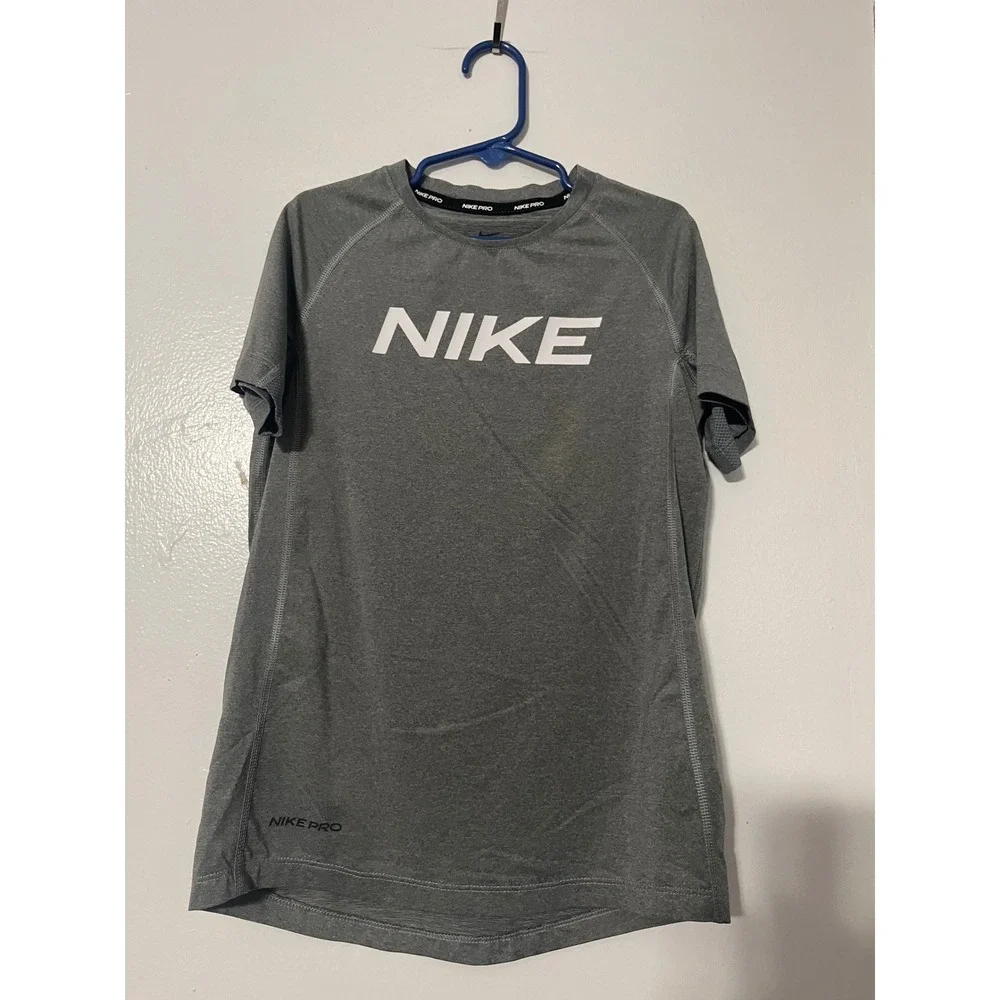Nike Pro Dri-FIT Kids Small Gray Short Sleeve Athletic Training Shirt Logo Tee